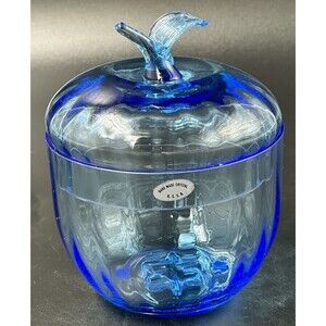 Vintage Handmade Blue Crystal Apple Candy Dish with Lid made in USSR 6 In Tall